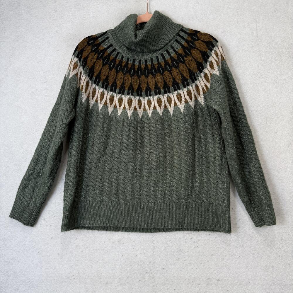 Evereve Sweater Womens XS Green Fair Isle Turtleneck Cable Knit Pullover